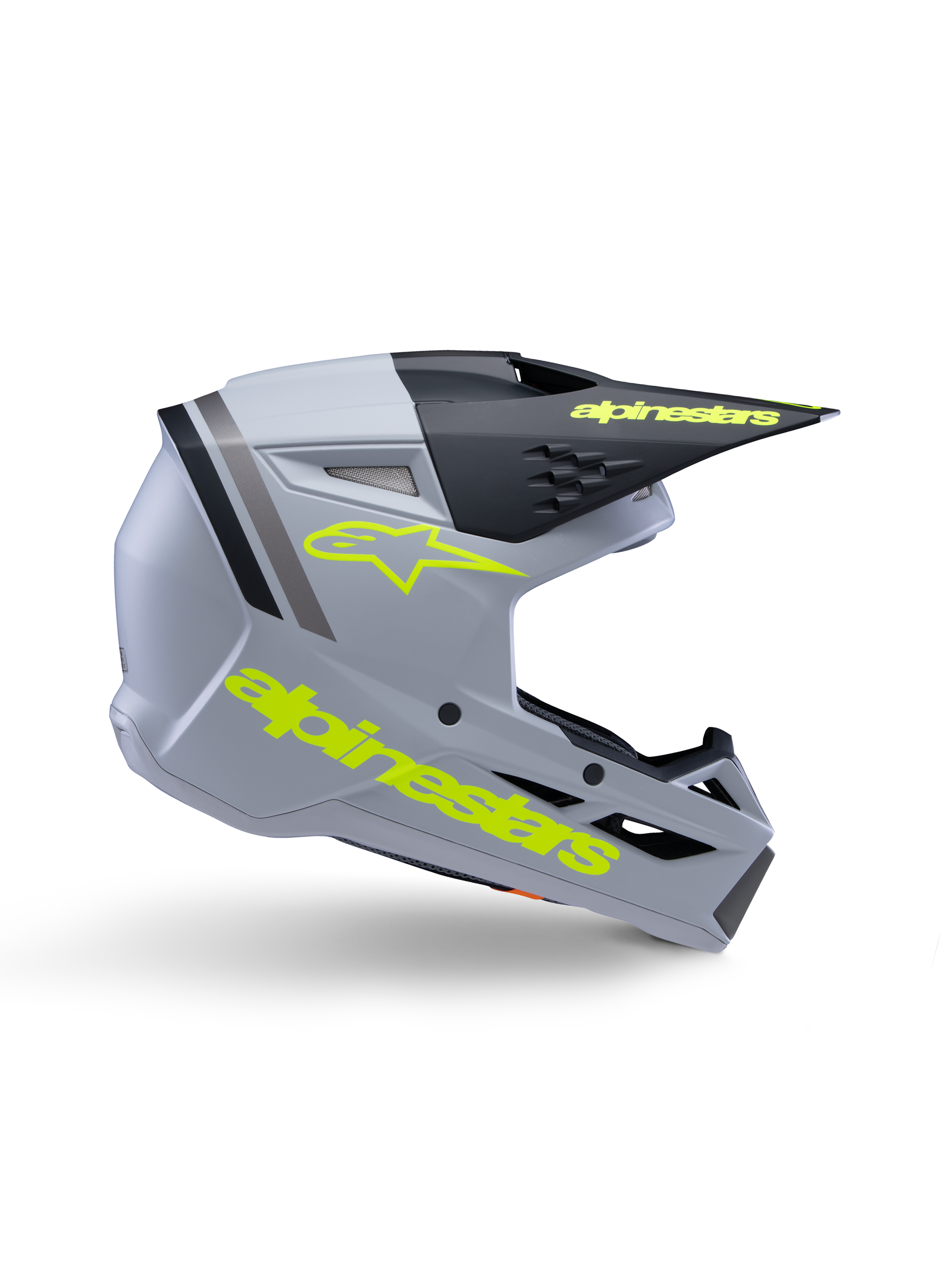 Alpinestars S-M3 Youth Radium Helmet ECE 22.06, Youth Motocross Helmet, Matte Gray and Black with Yellow-Fluo branding, side profile showing Alpinestars logo and text, aerodynamic design with integrated ventilation and black visor.