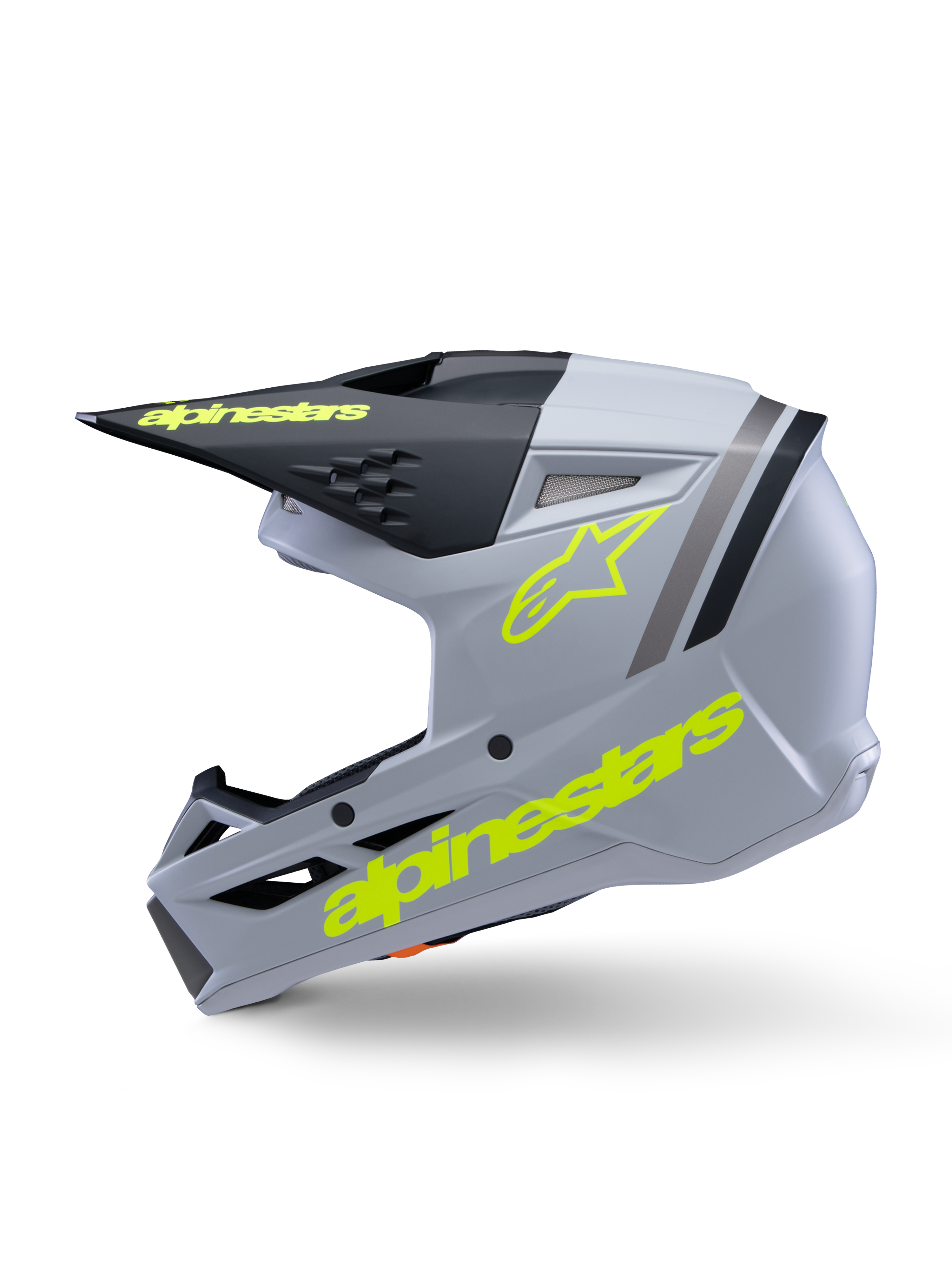 Alpinestars S-M3 Youth Radium Helmet ECE 22.06, Motocross Helmet, Gray Black and Yellow Fluo Matte, side view featuring yellow fluorescent Alpinestars logos and black visor, streamlined protective gear for youth riders