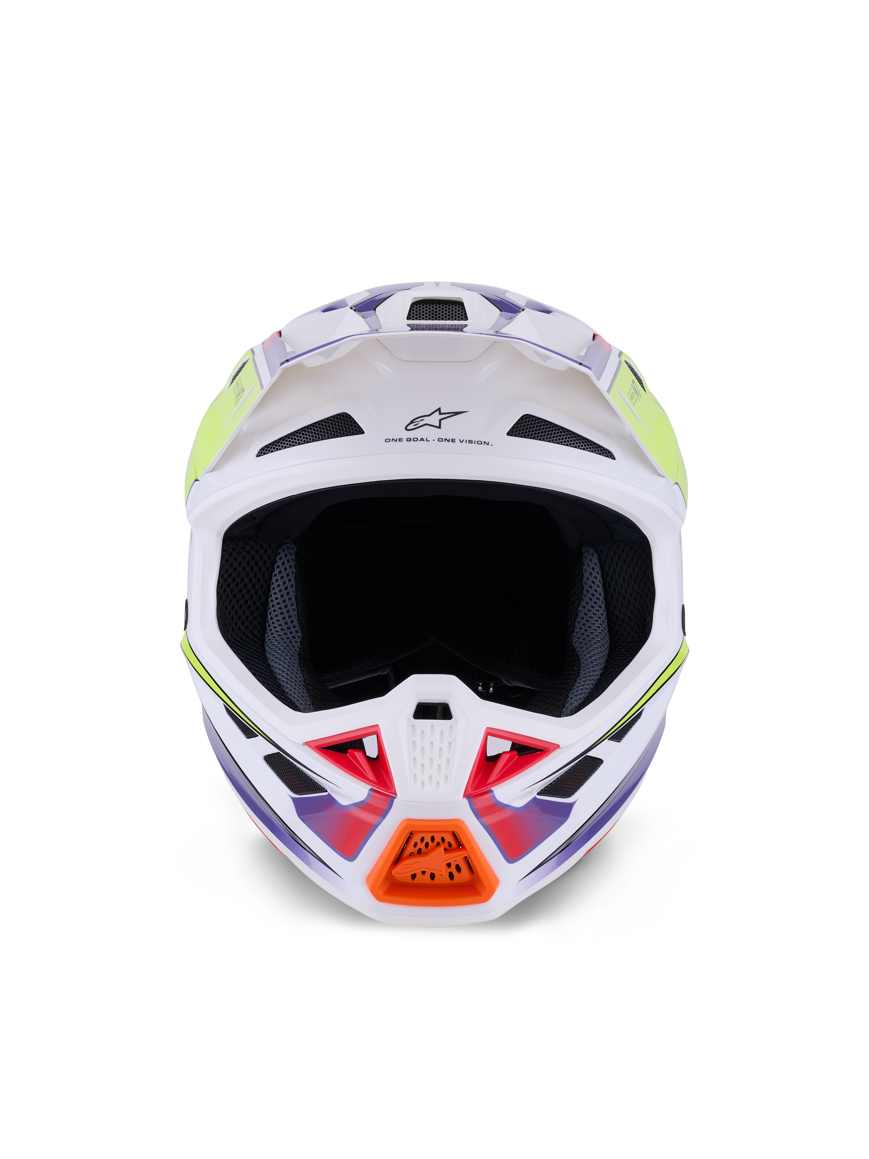 Alpinestars S-M7 Fuse Helmet, Motocross Helmet, White Yellow Fluo and Purple Glossy, front view featuring multiple air intake vents, aerodynamic composite shell, and orange chin guard detail.