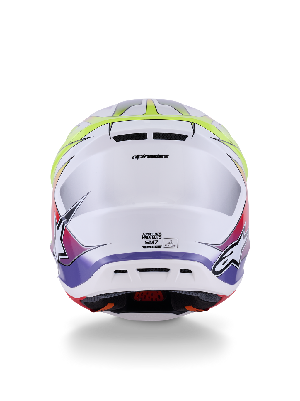 Alpinestars S-M7 Fuse Helmet ECE 22.06, Motocross Helmet, White Yellow Fluo and Purple Glossy, back view showing integrated exhaust vents, Alpinestars branding, and side logos, sleek aerodynamic shell design.