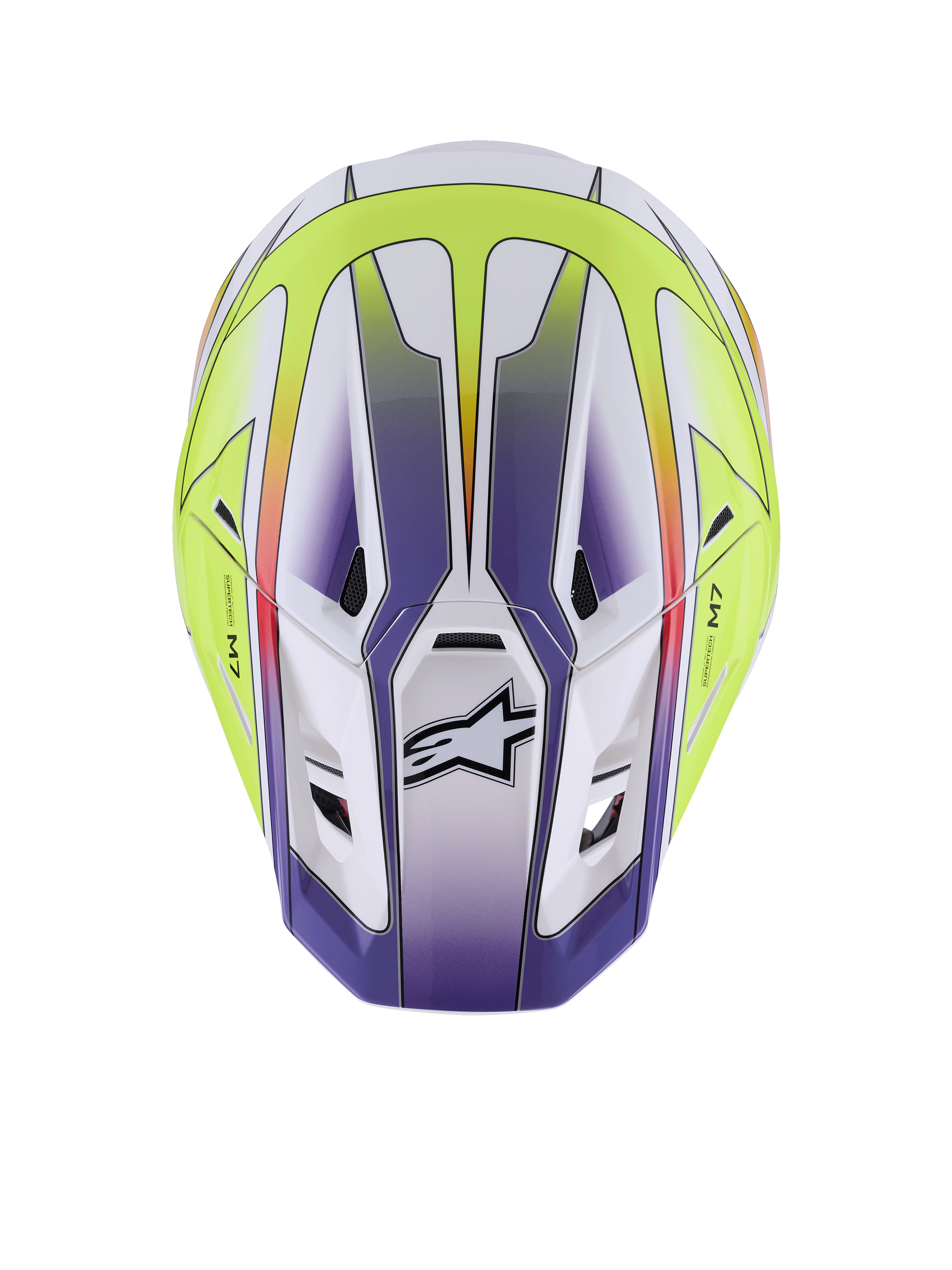 Alpinestars S-M7 Fuse Helmet, Motocross Helmet, White Yellow Fluo and Purple Glossy, top-down view showing aerodynamic shell with ventilation ports and black Alpinestars logo, premium off-road racing protection
