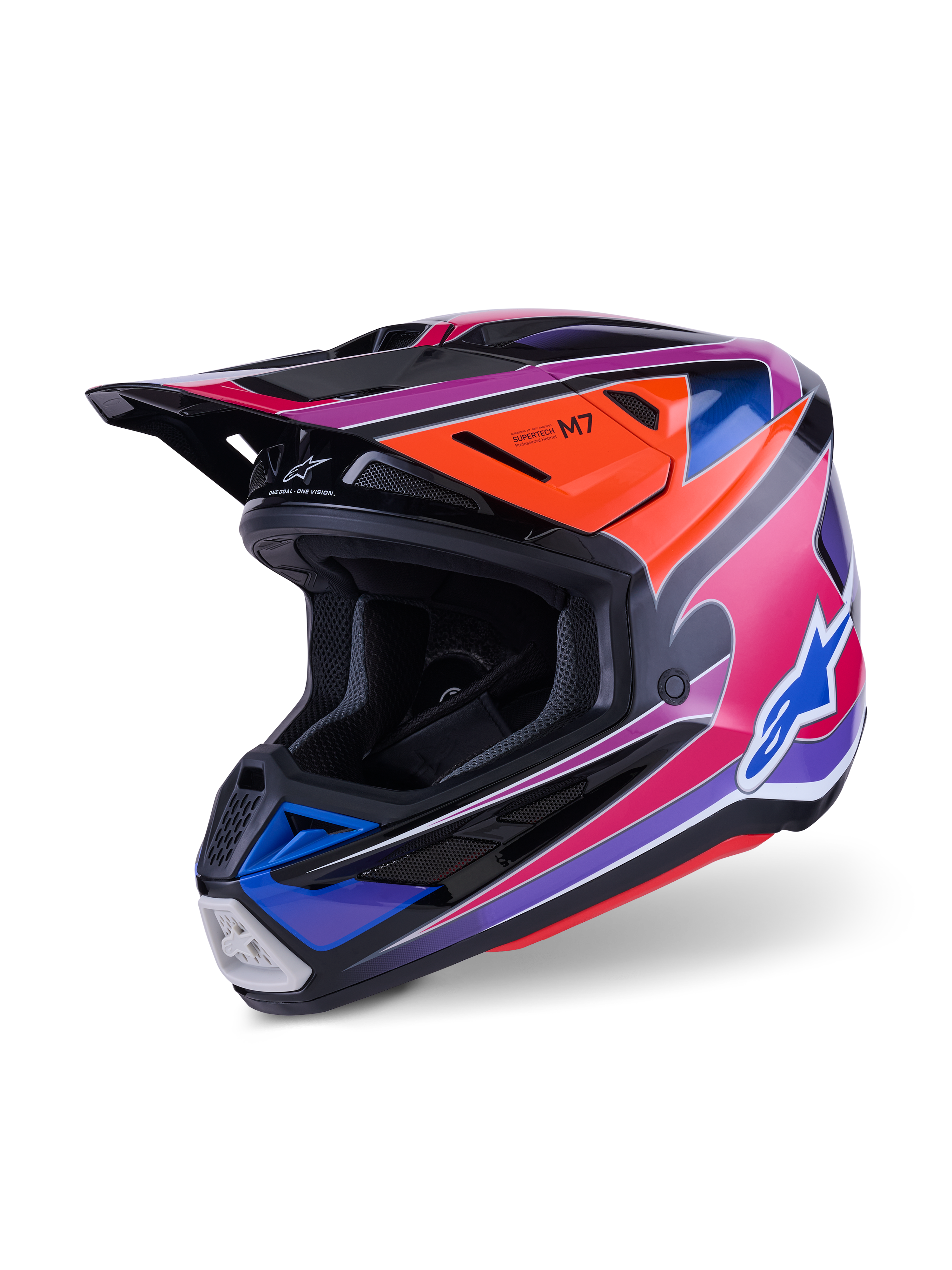 Alpinestars S-M7 Fuse Helmet, Motocross Helmet, Blue Purple Pink Glossy, featuring vibrant multi-colored graphics with orange and black accents, aerodynamic shell design with multiple intake vents, professional off-road racing gear