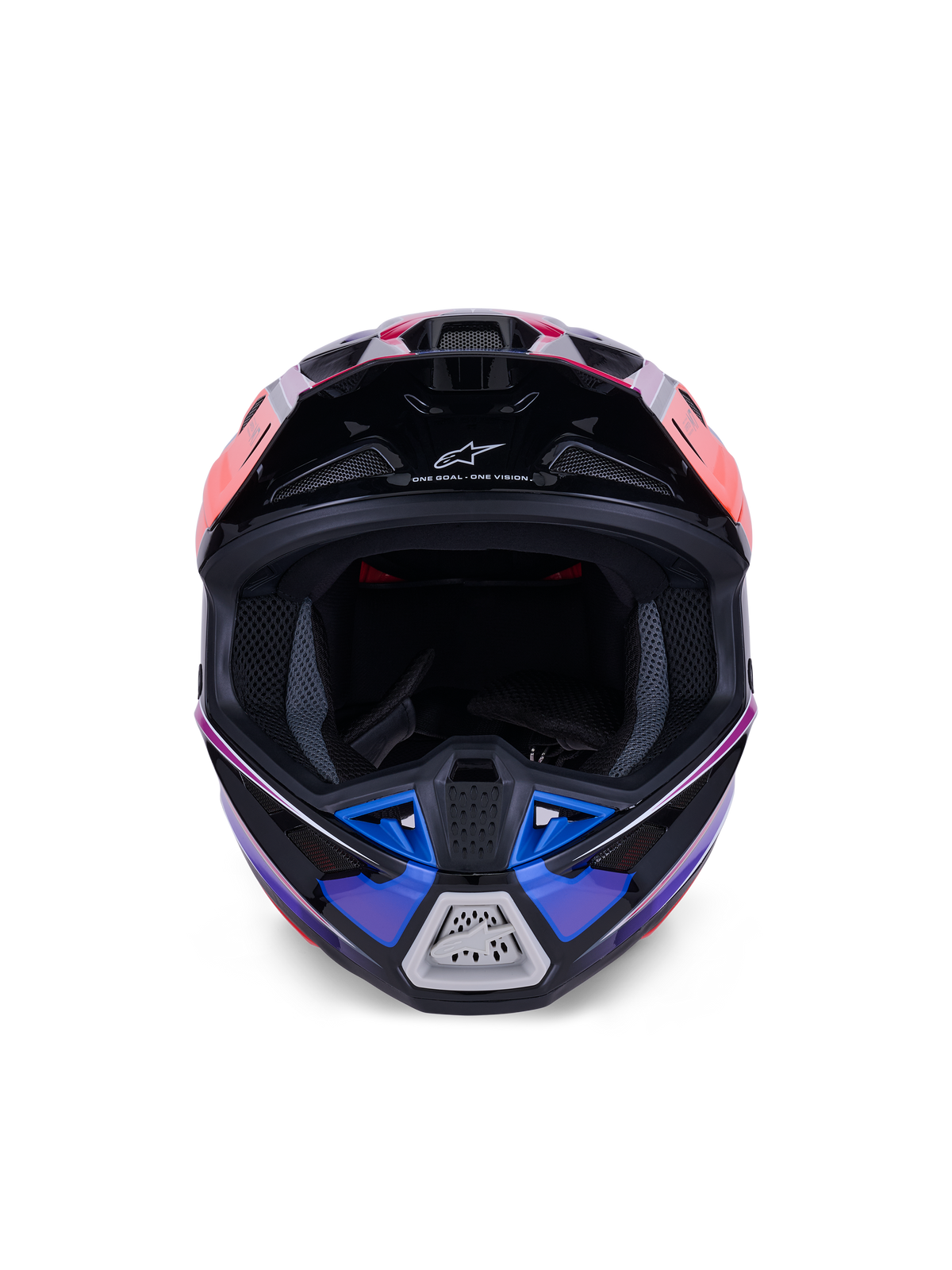 Alpinestars S-M7 Fuse Helmet, Motocross Helmet, Blue Purple and Pink Glossy, front view showing the eye port and ventilated chin bar, featuring black accents and Alpinestars branding, aerodynamic off-road racing design