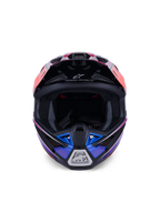Alpinestars S-M7 Fuse Helmet, Motocross Helmet, Blue Purple and Pink Glossy, front view showing the eye port and ventilated chin bar, featuring black accents and Alpinestars branding, aerodynamic off-road racing design