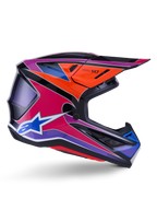 Alpinestars S-M7 Fuse Helmet, Motocross Helmet, Blue Purple and Pink Glossy, side profile view with vibrant racing graphics, aerodynamic shell design with ventilation ports and Alpinestars star logo
