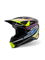 Alpinestars S-M3 Youth Wurx Helmet ECE 22.06, Motocross Helmet, Glossy Black with Fluorescent Yellow, Blue, and Red-Orange racing graphics, three-quarter view highlighting aerodynamic shell with multiple air intakes and exhaust ports, protective off-road gear for youth riders