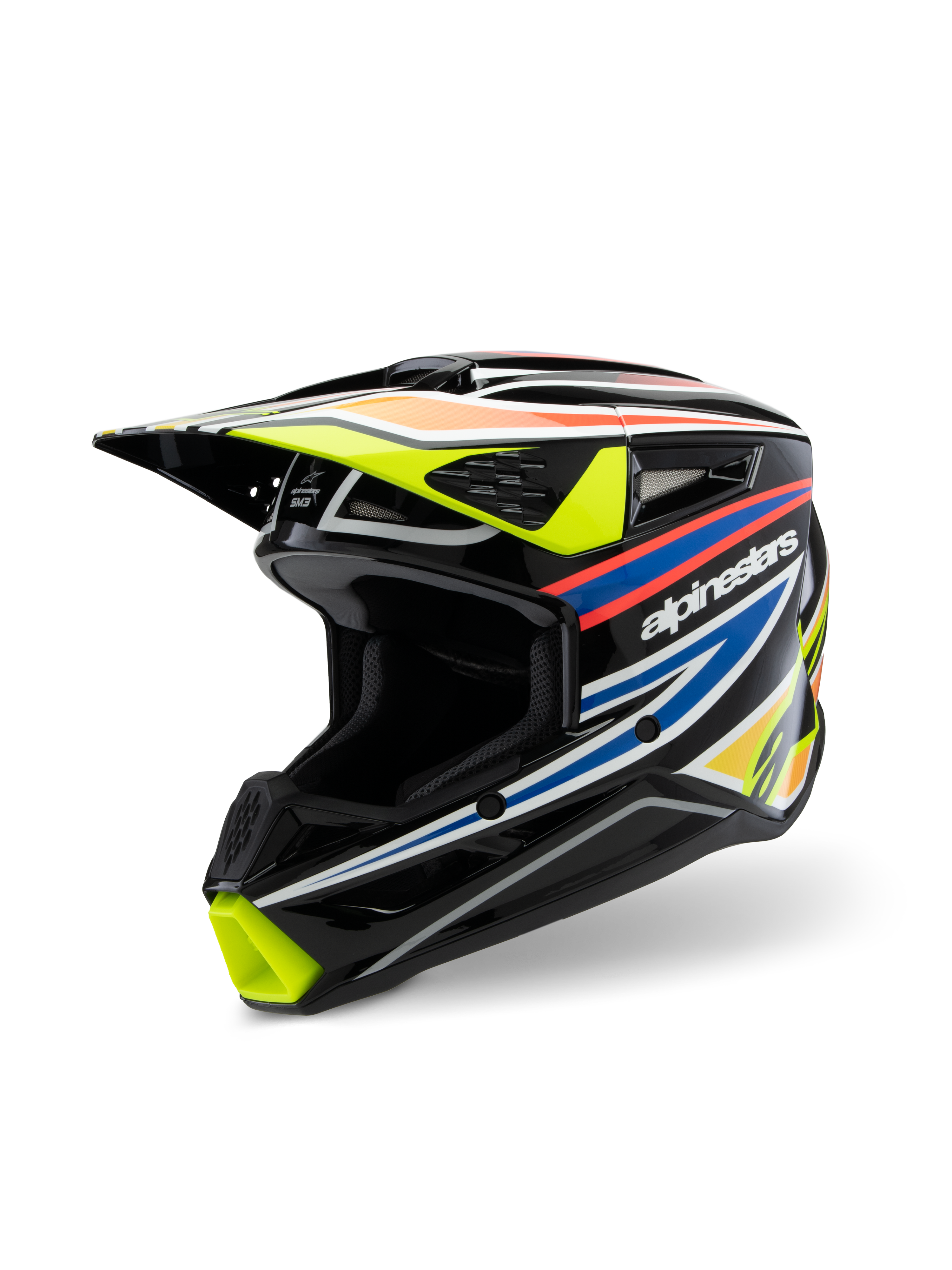 Alpinestars S-M3 Youth Wurx Helmet ECE 22.06, Motocross Helmet, Glossy Black with Fluorescent Yellow, Blue, and Red-Orange racing graphics, three-quarter view highlighting aerodynamic shell with multiple air intakes and exhaust ports, protective off-road gear for youth riders