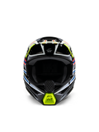 Alpinestars S-M3 Youth Wurx Helmet, Front View, Black with Fluorescent Yellow, Blue, and Red Accents, Youth Motocross Protective Gear, featuring a black base with vibrant geometric graphics, integrated ventilation ports, and a yellow chin guard, off-road racing style