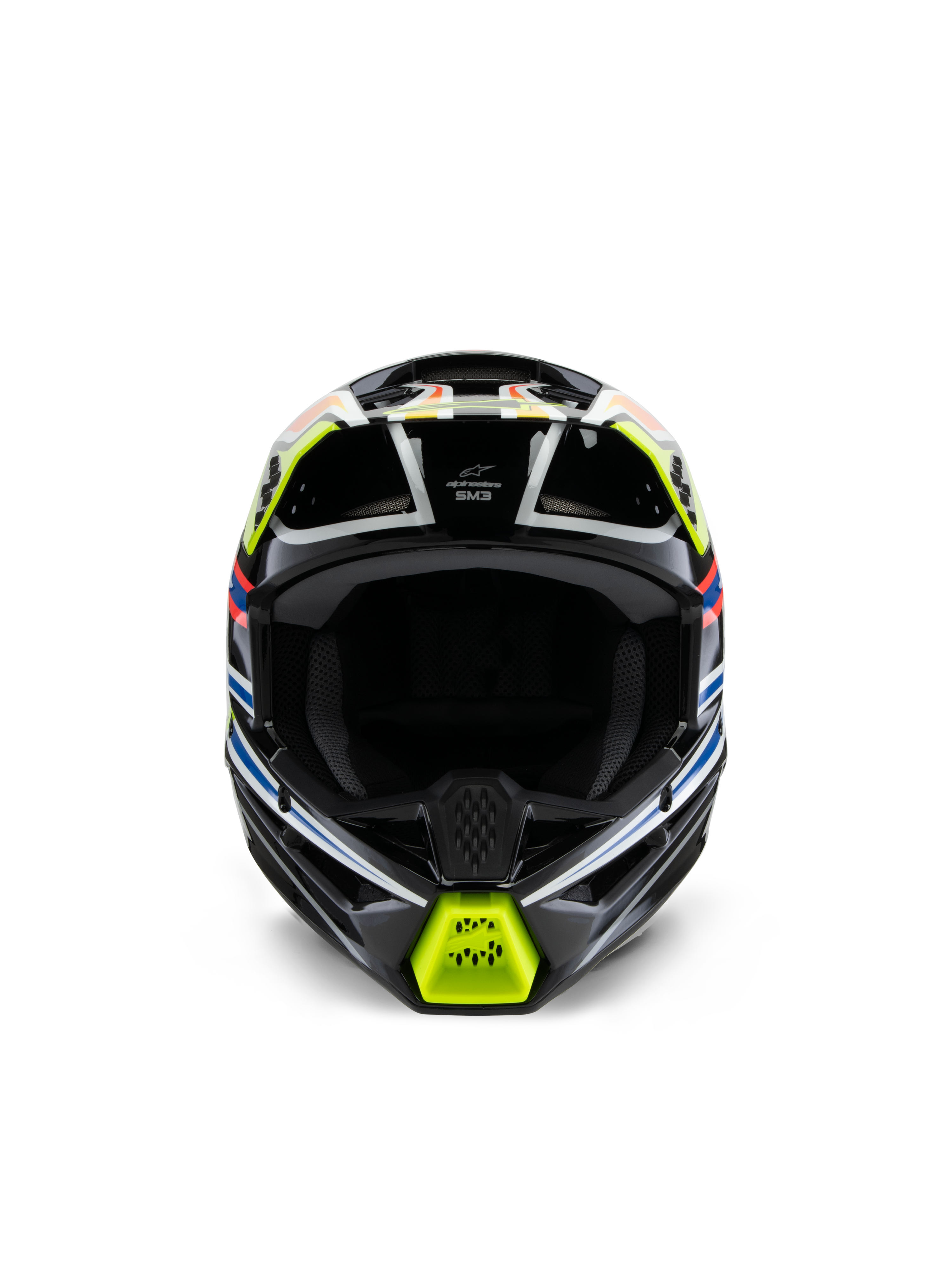 Alpinestars S-M3 Youth Wurx Helmet, Front View, Black with Fluorescent Yellow, Blue, and Red Accents, Youth Motocross Protective Gear, featuring a black base with vibrant geometric graphics, integrated ventilation ports, and a yellow chin guard, off-road racing style