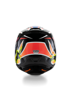 Alpinestars S-M3 Youth Wurx Helmet ECE 22.06, Motocross Helmet, Rear view, Black with red, fluorescent yellow, and blue graphics, featuring bold angular patterns, star logos, and ECE 22.06 certification sticker, designed for youth off-road racing