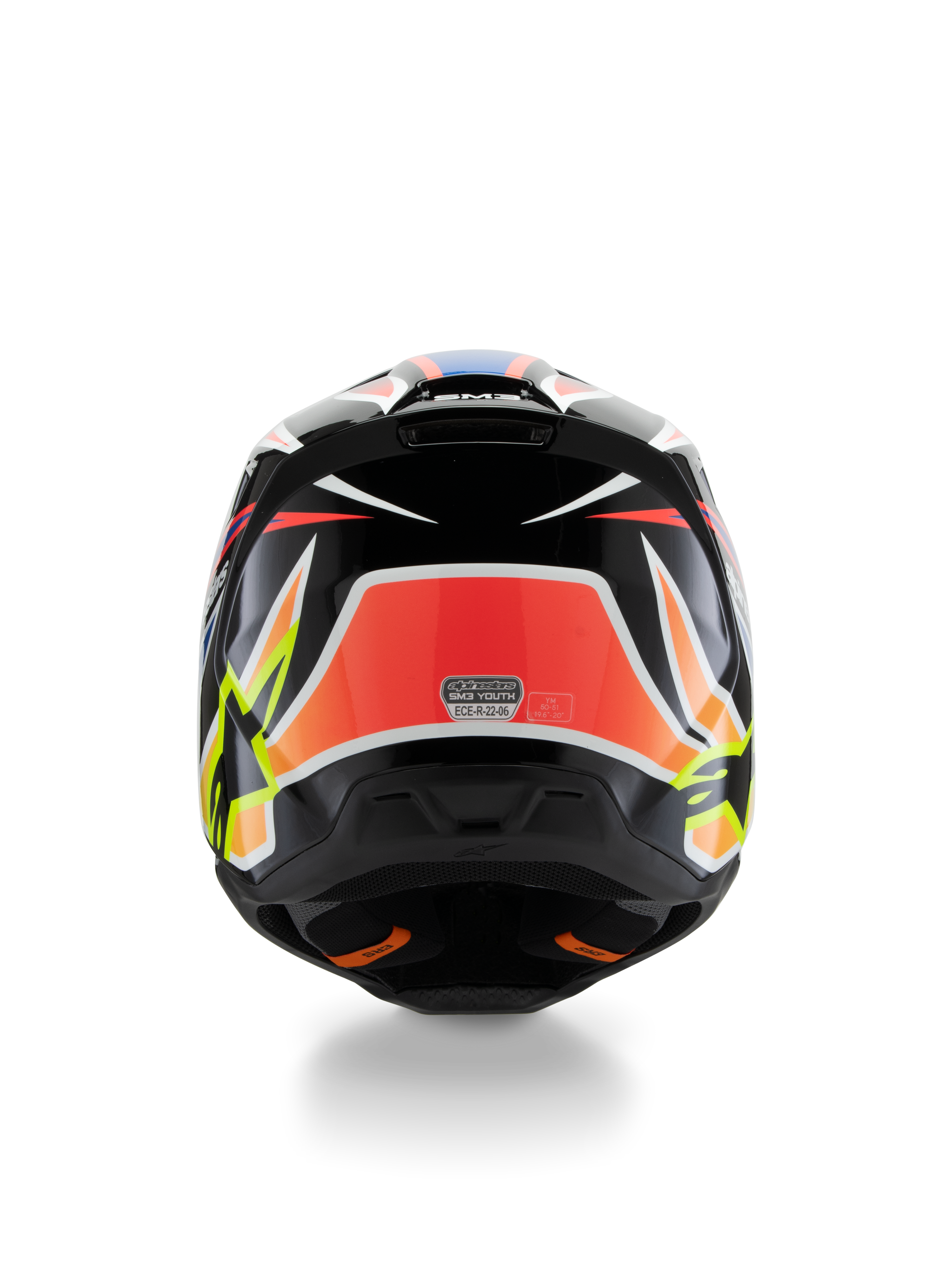 Alpinestars S-M3 Youth Wurx Helmet ECE 22.06, Motocross Helmet, Rear view, Black with red, fluorescent yellow, and blue graphics, featuring bold angular patterns, star logos, and ECE 22.06 certification sticker, designed for youth off-road racing