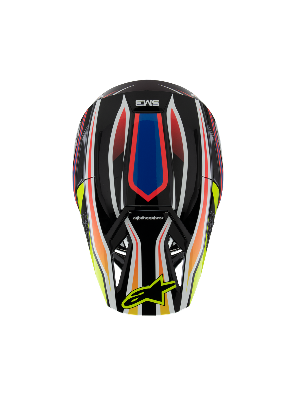 Alpinestars S-M3 Youth Wurx Helmet ECE 22.06, Motocross Helmet, Black with vibrant Red, Blue, and Yellow graphics, top view featuring SM3 logo and yellow Alpinestars logo on the visor, off-road protective gear