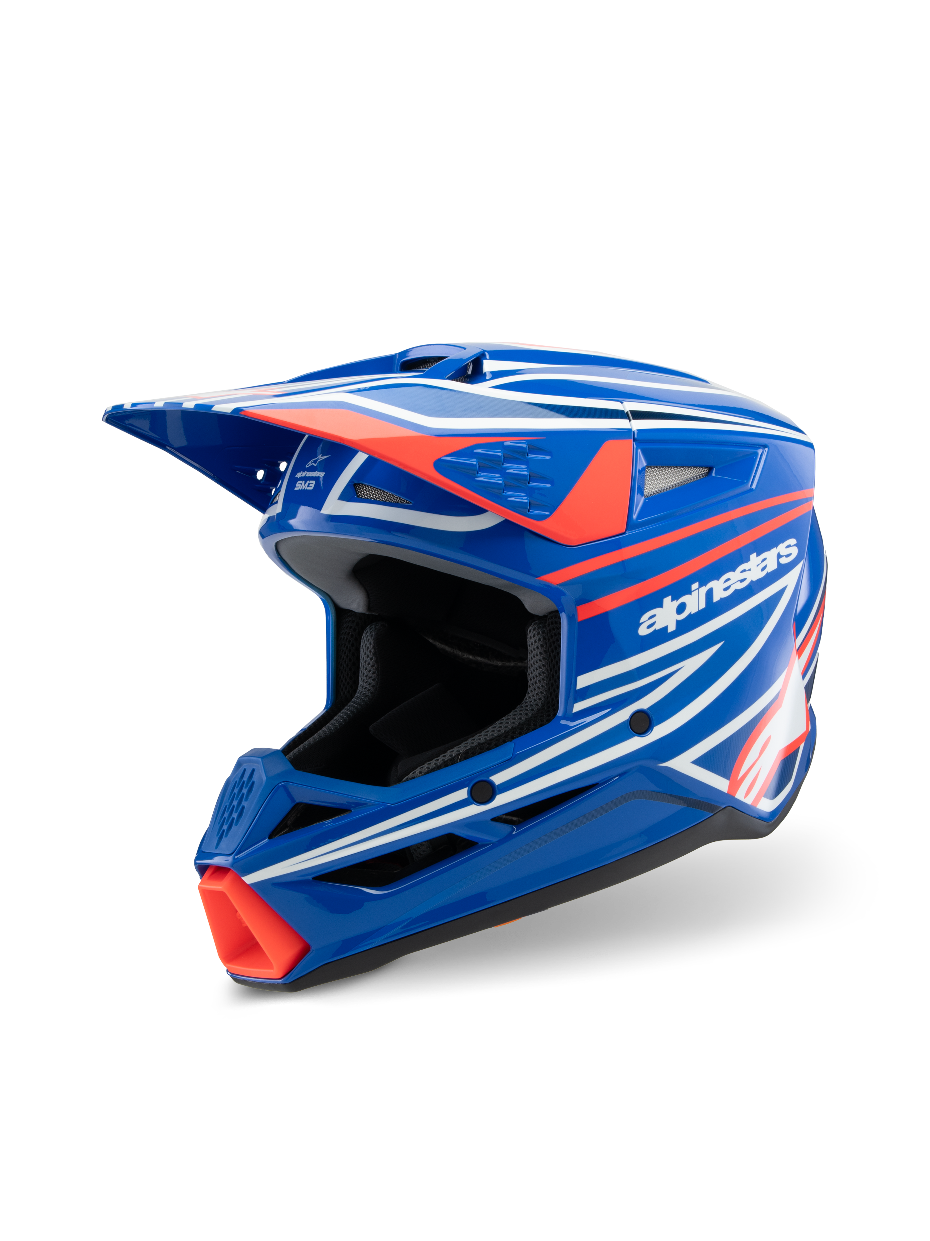 Alpinestars S-M3 Youth Wurx Helmet, Motocross Helmet, Glossy Blue with Red and White graphics, sharp aerodynamic design featuring a prominent visor and multiple ventilation ports, designed for youth off-road and MX racing