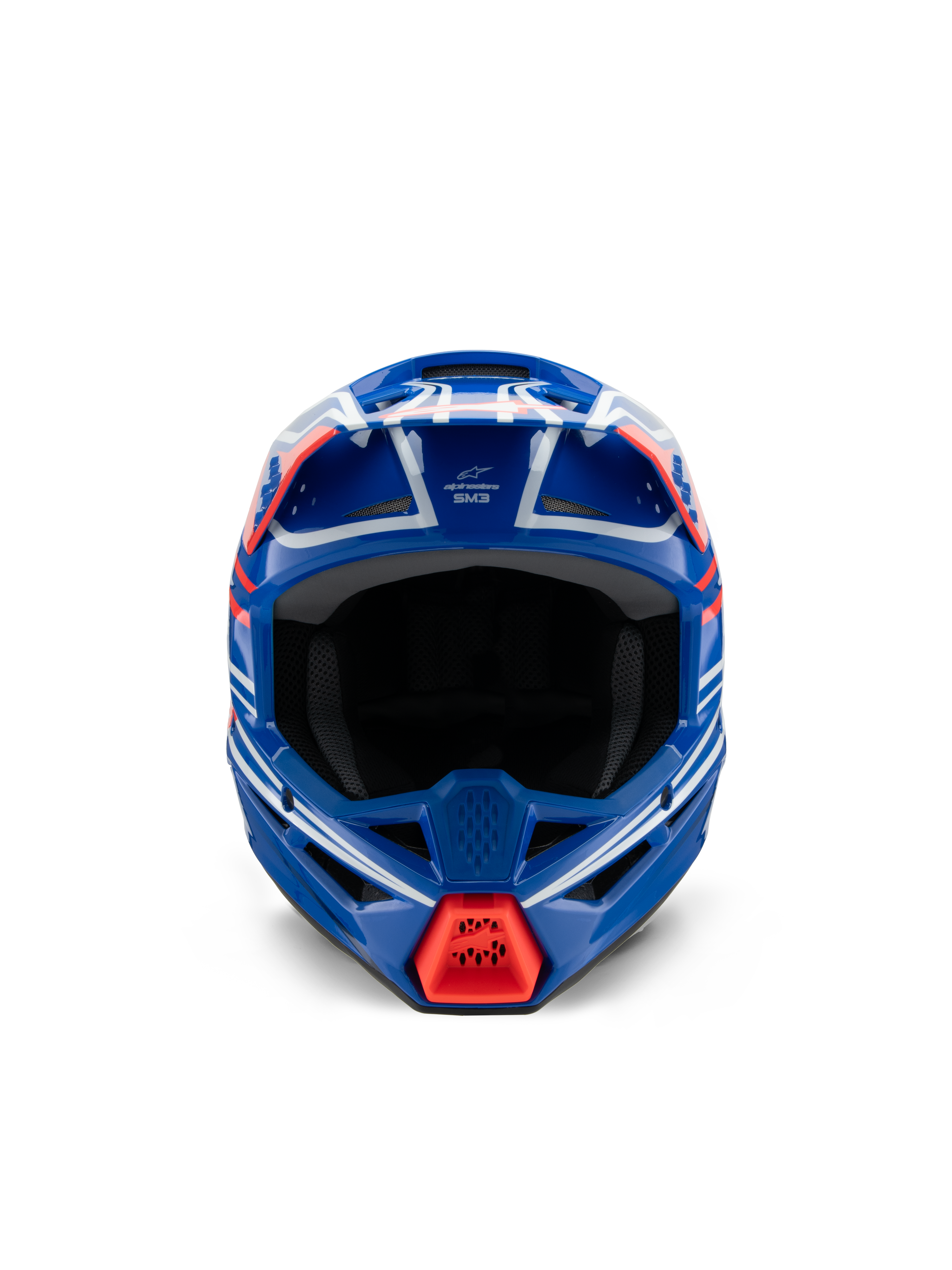 Alpinestars S-M3 Youth Wurx Helmet ECE 22.06, Motocross Helmet, Blue Red White and Black Glossy, front-facing view, featuring aerodynamic shell, ventilation ports, and bright red chin guard intake, designed for youth off-road racing