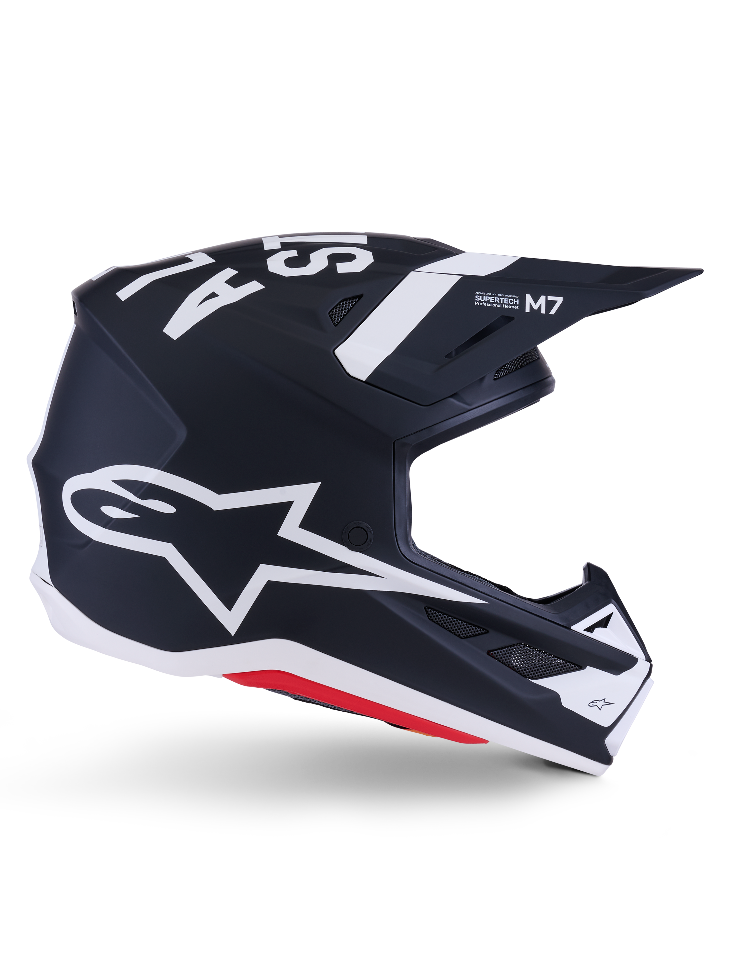 Alpinestars S-M7 Dasher Helmet, Motocross Helmet, Black White Matt with Red accents, featuring large white Alpinestars star logo on the side, aerodynamic visor and ventilation ports, matte finish, ECE 22.06 certified for off-road racing