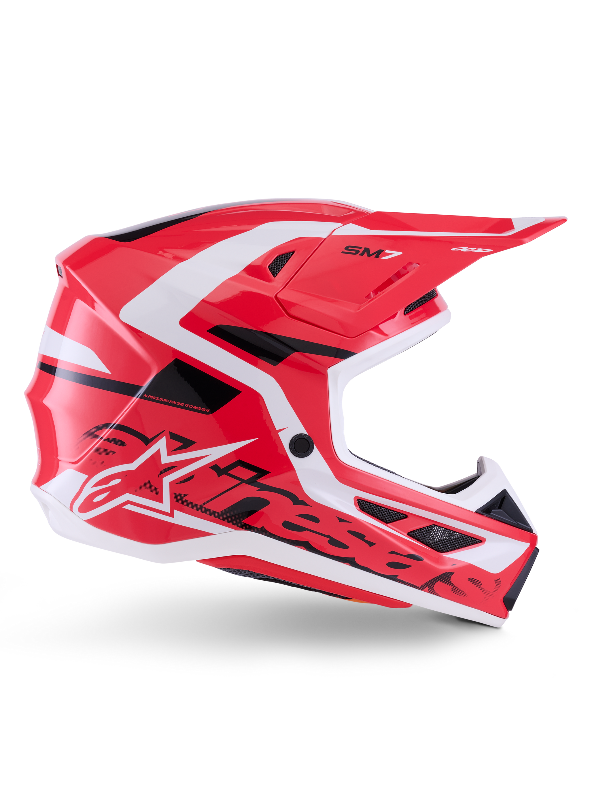 Alpinestars S-M7 Deed Helmet, Motocross Helmet, Red Black and White Glossy, side profile view, featuring bold Alpinestars branding and SM7 logo, aerodynamic composite shell with multiple ventilation ports, designed for off-road and motocross racing