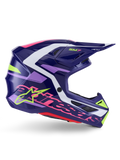 Alpinestars S-M7 Deed Helmet, Motocross Helmet, Purple Pink Glossy, side profile view, featuring white and lime green graphic accents, SM7 branding and bold Alpinestars logo, aerodynamic composite shell design for off-road racing