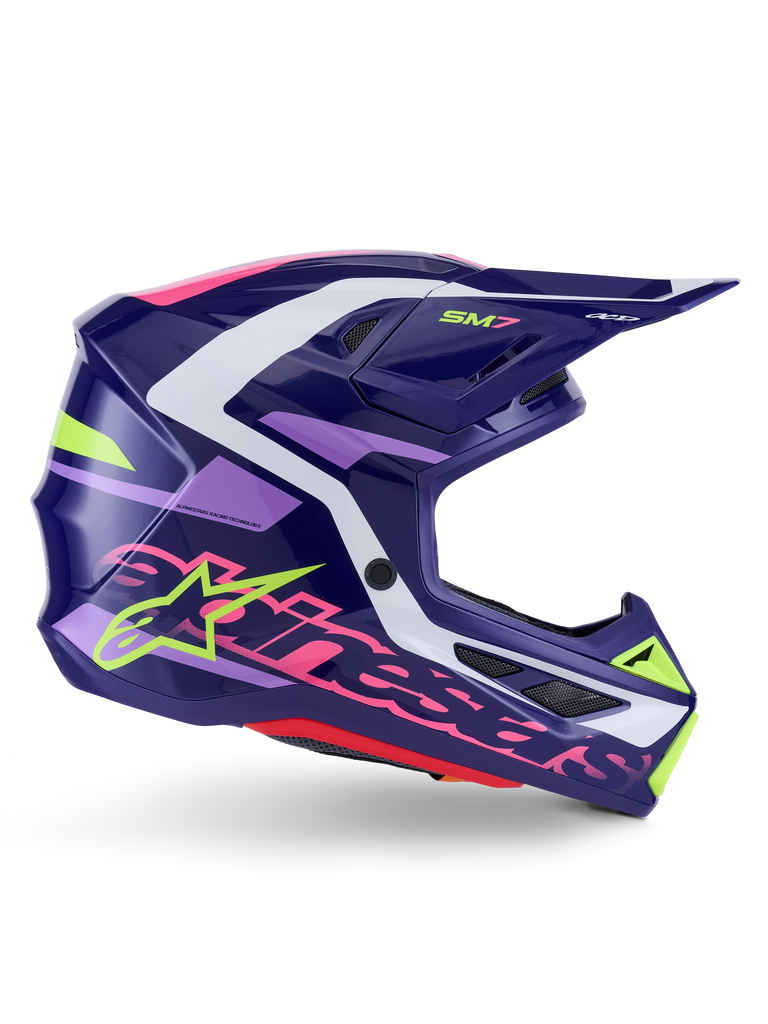 Alpinestars S-M7 Deed Helmet, Motocross Helmet, Purple Pink Glossy, side profile view, featuring white and lime green graphic accents, SM7 branding and bold Alpinestars logo, aerodynamic composite shell design for off-road racing