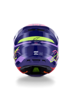 Alpinestars S-M7 Deed Helmet ECE 22.06, Motocross Helmet, Rear view in Purple Pink Glossy, featuring neon yellow and pink graphics, aerodynamic composite shell with SM7 branding and certification markings, high-performance off-road racing gear