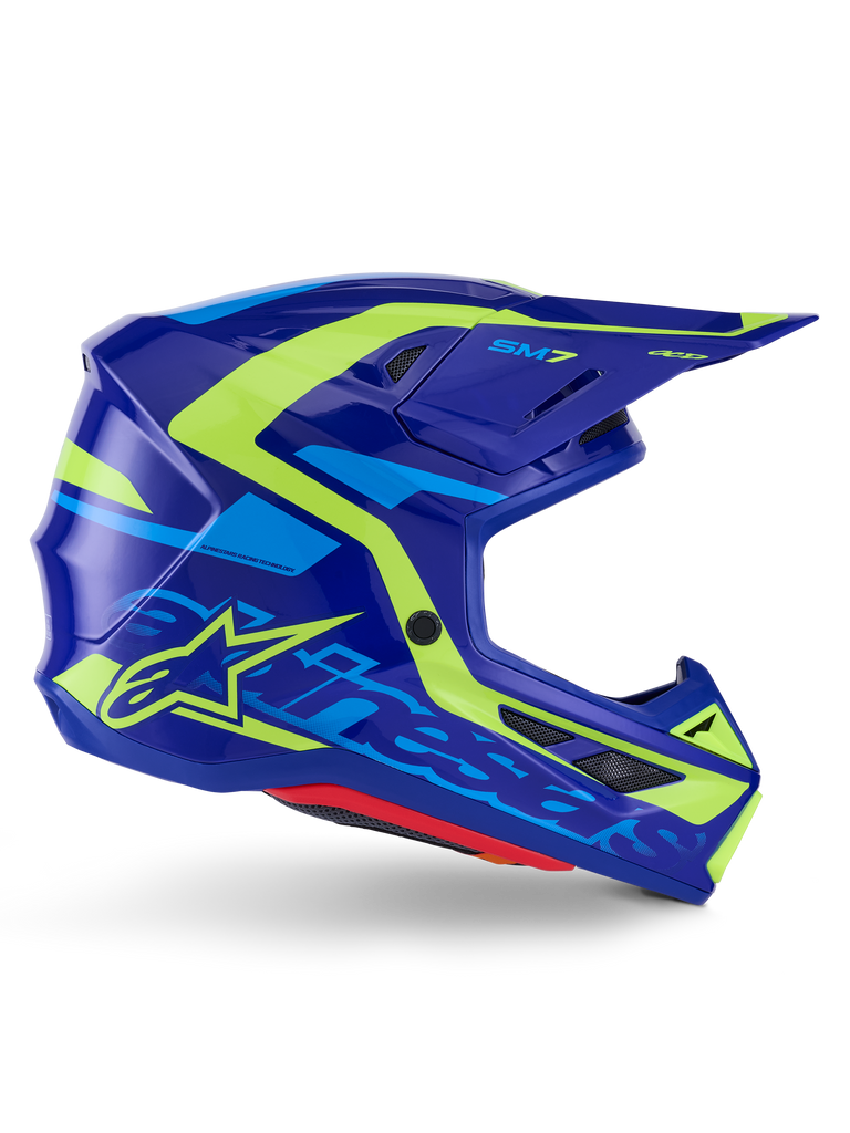 Alpinestars S-M7 Deed Helmet ECE 22.06, Motocross Helmet, Blue Yellow Fluo Glossy, side profile view featuring an aerodynamic shell with bold Alpinestars branding, bright yellow and light blue graphic accents, multiple ventilation ports, and integrated visor design for elite off-road racing
