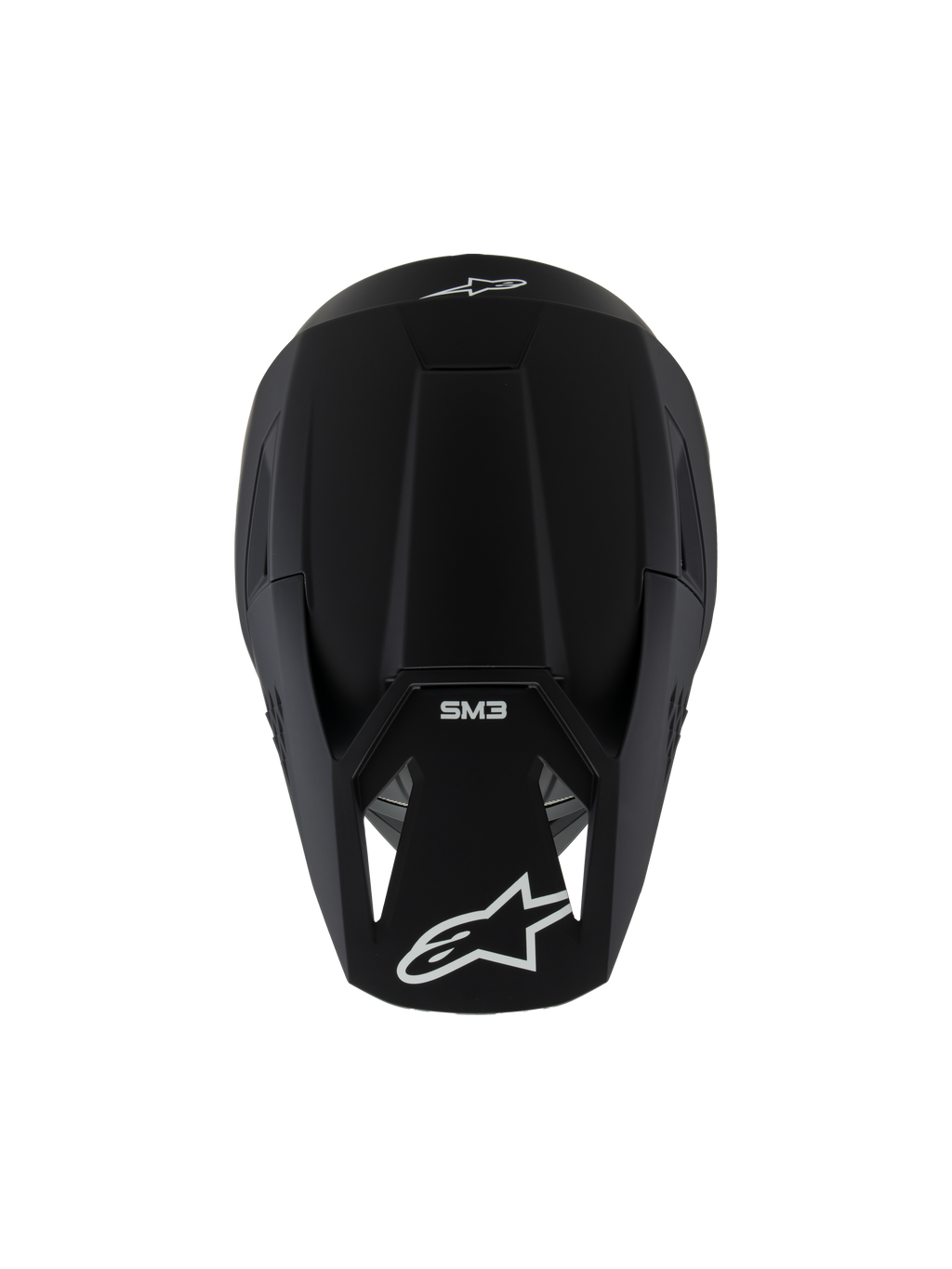 Alpinestars S-M3 Youth Solid Helmet ECE 22.06, Motocross Helmet, Black Matt, top-down view showing white logos and SM3 branding, sleek aerodynamic design for off-road racing