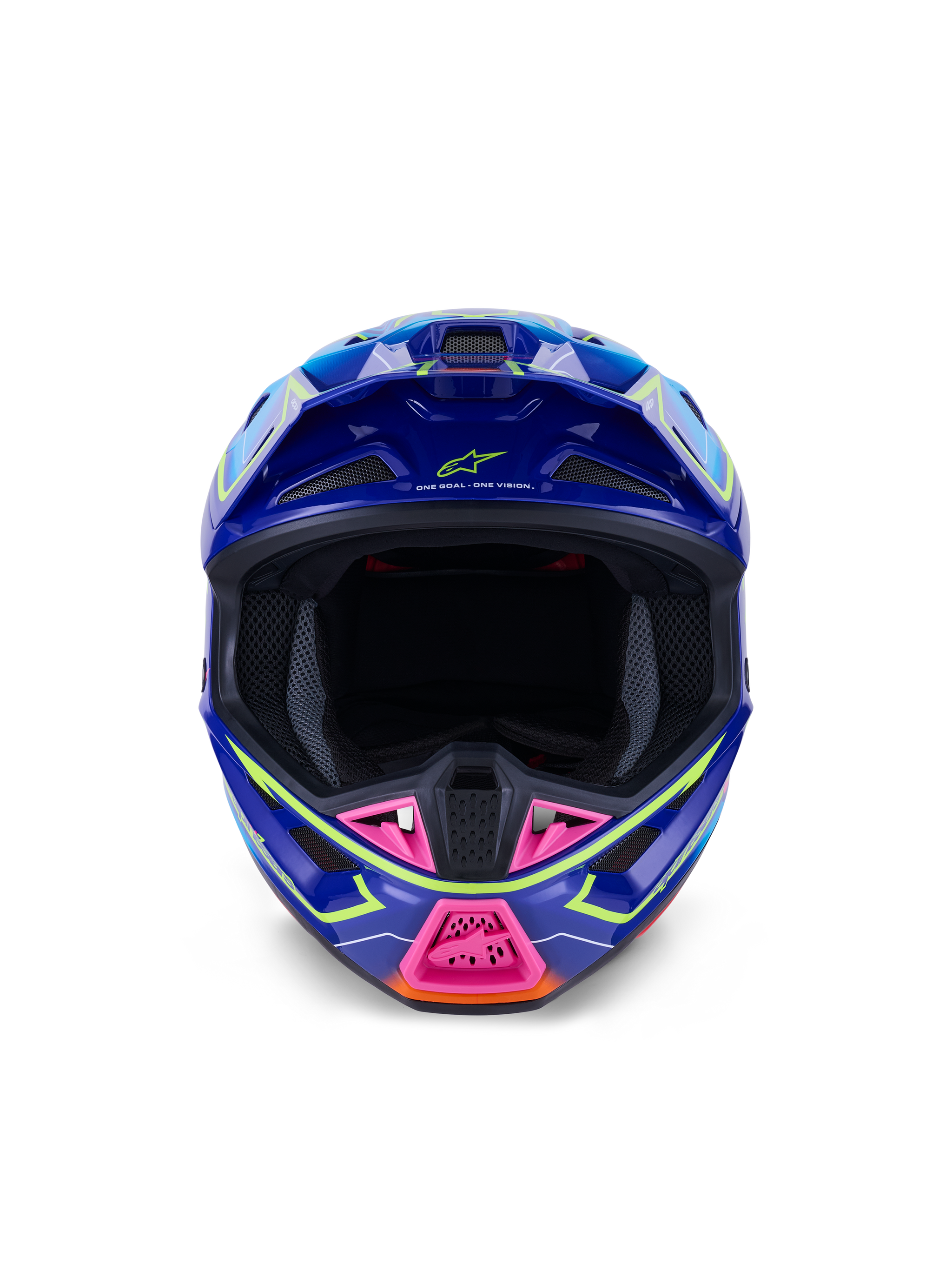 Alpinestars S-M7 Cast Helmet ECE 22.06, Motocross Helmet, Blue Pink and Yellow Fluo Glossy, front-facing view showing aggressive aerodynamic shell, ventilated chin guard with pink accents, and wide eye port for off-road racing