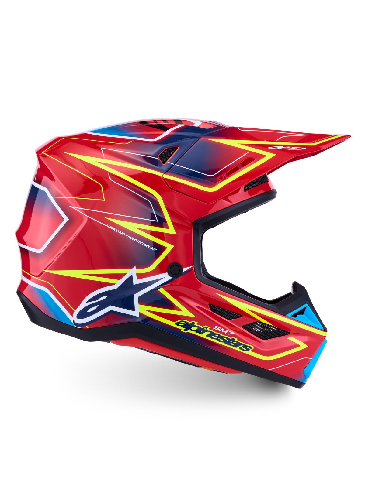 Alpinestars S-M7 Cast Helmet ECE 22.06, glossy red, yellow fluo, and blue motocross racing helmet with composite shell.