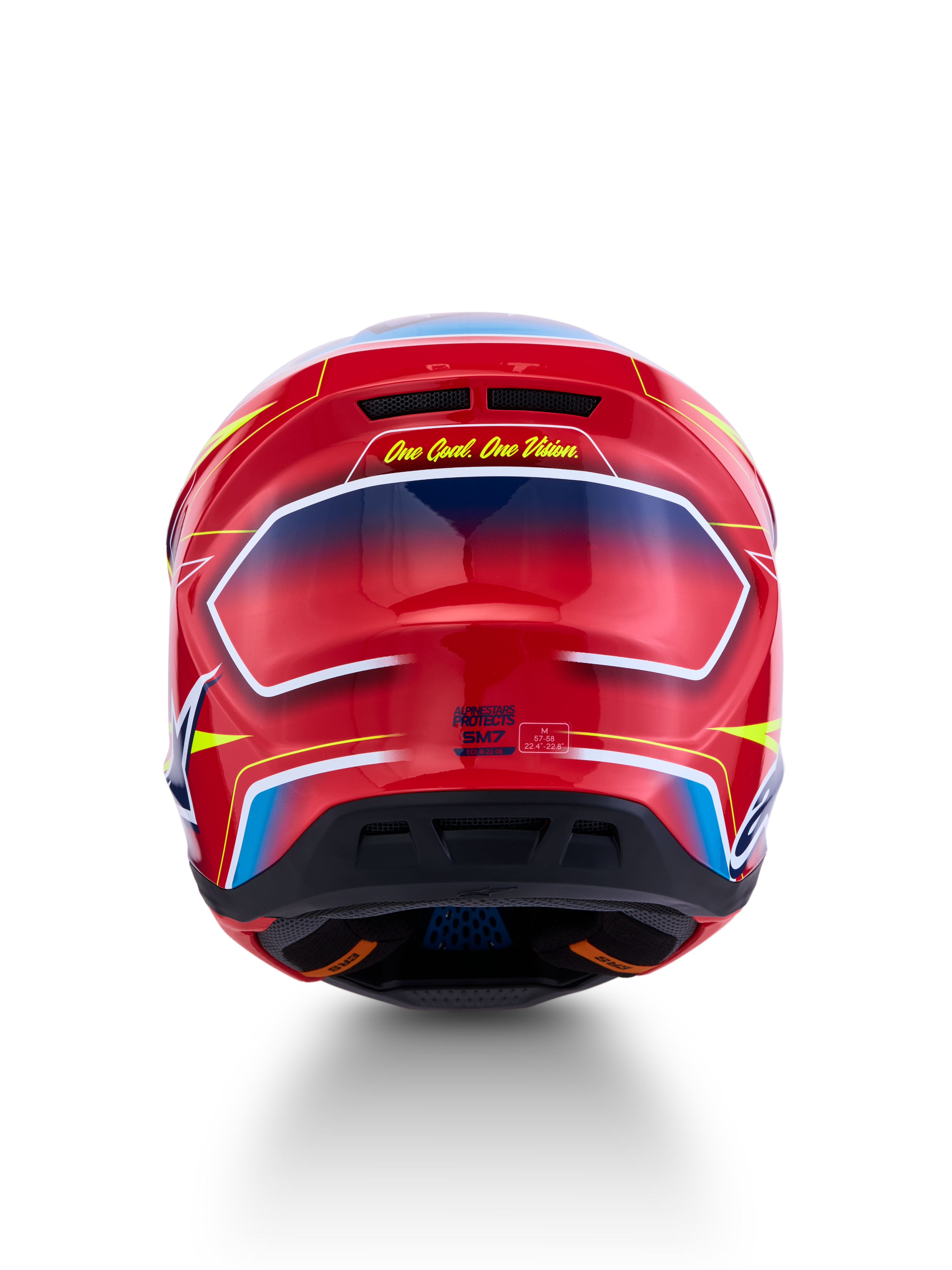 Alpinestars S-M7 Cast Helmet ECE06, red and blue glossy motocross helmet featuring a race-proven aerodynamic profile.