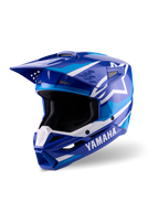 Alpinestars Yamaha S-M3 Helmet, Motocross Helmet, Blue and White Glossy, featuring bold Yamaha branding and Alpinestars star logo, angular design with a peak visor and ventilated chin guard, professional off-road racing gear