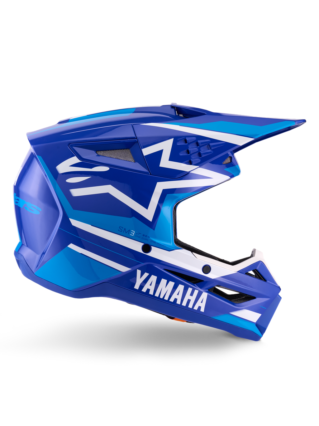 Alpinestars Yamaha S-M3 Helmet ECE 22.06, Motocross Racing Helmet, Blue and White Glossy, featuring bold Yamaha branding and geometric patterns, aerodynamic design with black mesh vents and a pointed visor, professional off-road gear