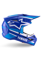 Alpinestars Yamaha S-M3 Helmet ECE 22.06, Motocross Racing Helmet, Blue and White Glossy, featuring bold Yamaha branding and geometric patterns, aerodynamic design with black mesh vents and a pointed visor, professional off-road gear
