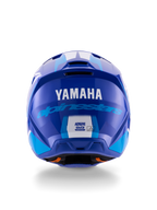 Alpinestars Yamaha S-M3 Helmet, Motocross Helmet, Blue White Glossy, rear view showing white YAMAHA logo and blue Alpinestars script, sleek glossy finish with visible ventilation ports and safety certification labels.