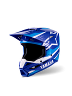 Alpinestars Yamaha S-M3 Youth Motocross Helmet, Blue and White Glossy finish, featuring prominent Yamaha and Alpinestars logos, aerodynamic visor design, wide eye port, and ventilated chin bar for off-road racing performance.