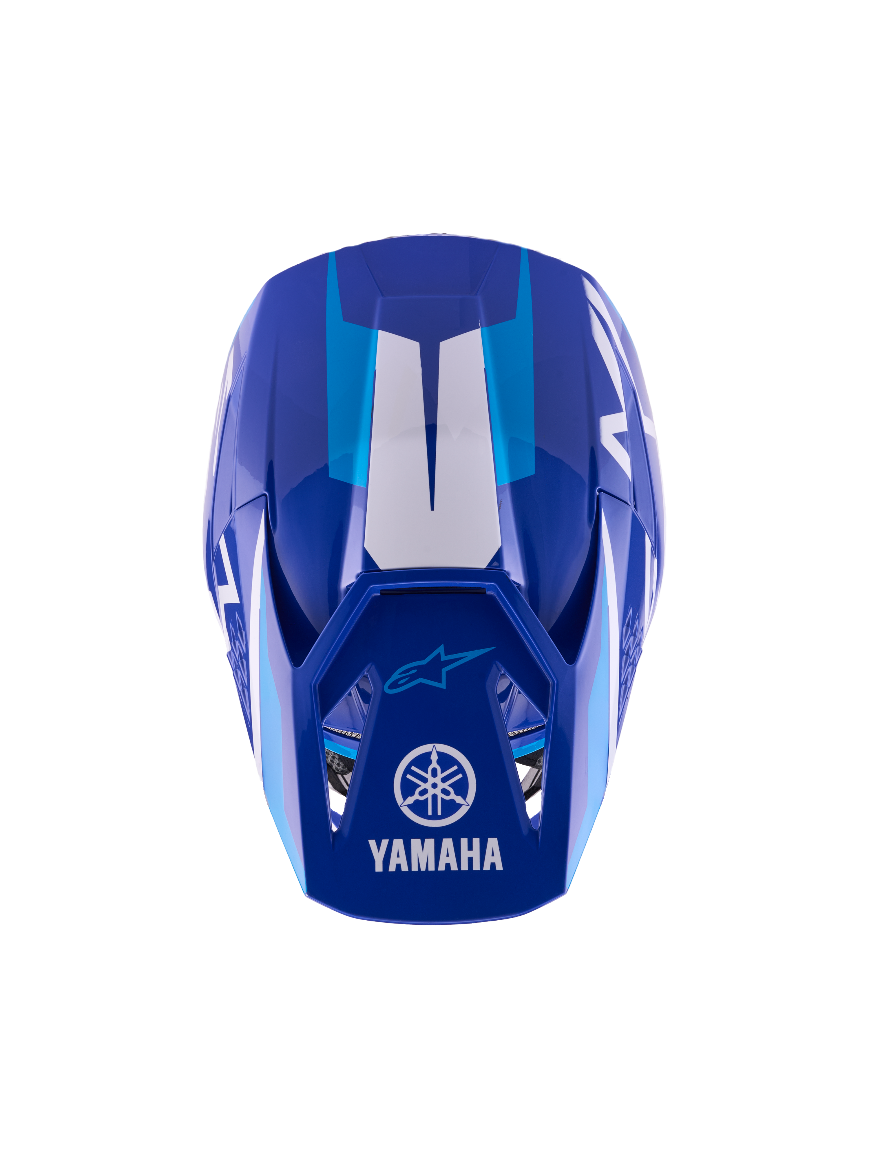 Alpinestars Yamaha S-M3 Youth Motocross Helmet, Blue White Glossy, top-down view showing the outer shell and visor, featuring Yamaha and Alpinestars logos, aerodynamic design with glossy finish and white graphic accents.