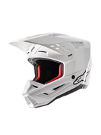 Alpinestars S-M5 Solid Helmet ECE 22.06, Motocross Helmet, White Glossy, featuring red interior padding, black Alpinestars logo, aerodynamic visor, and multiple ventilation ports for off-road racing protection