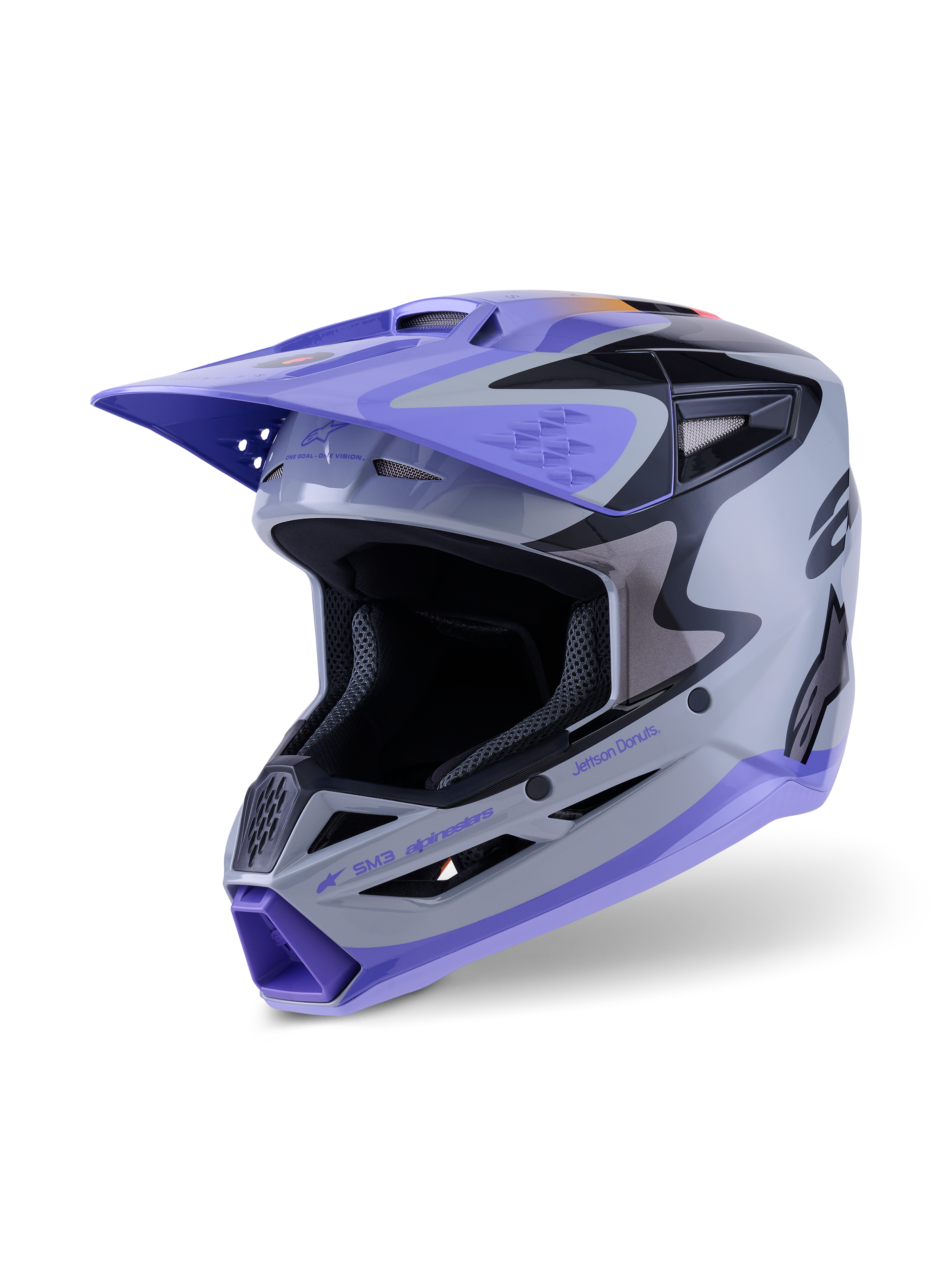 Alpinestars S-M3 Jettson Youth Helmet ECE 22.06, Motocross Helmet, Gray Purple and Black Glossy, featuring a purple visor and chin bar, aerodynamic shell with mesh ventilation ports, bold graphics for youth off-road racing