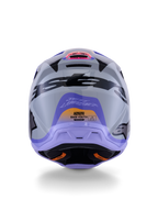 Alpinestars S-M3 Jettson Youth Helmet, Rear View, Gray with Purple and Black Glossy Graphics, featuring Jett Lawrence signature design and Alpinestars logos, off-road motocross helmet