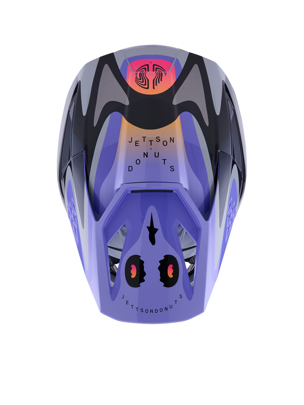 Alpinestars S-M3 Jettson Helmet, Motocross Helmet, Gray Purple Black Glossy with orange and pink gradients, top-down view featuring 'Jettson Donuts' graphics and Alpinestars logo on the visor, glossy finish.