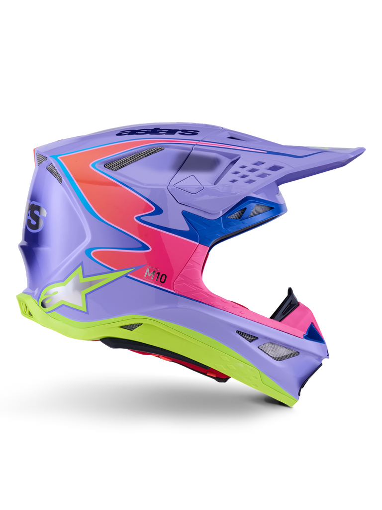 Alpinestars Supertech M10 Jett Lawrence R01 Helmet, Motocross Helmet, Purple with Pink and Fluorescent Yellow accents, side profile showing the aerodynamic carbon shell, multiple ventilation ports, and bold Alpinestars branding for off-road performance