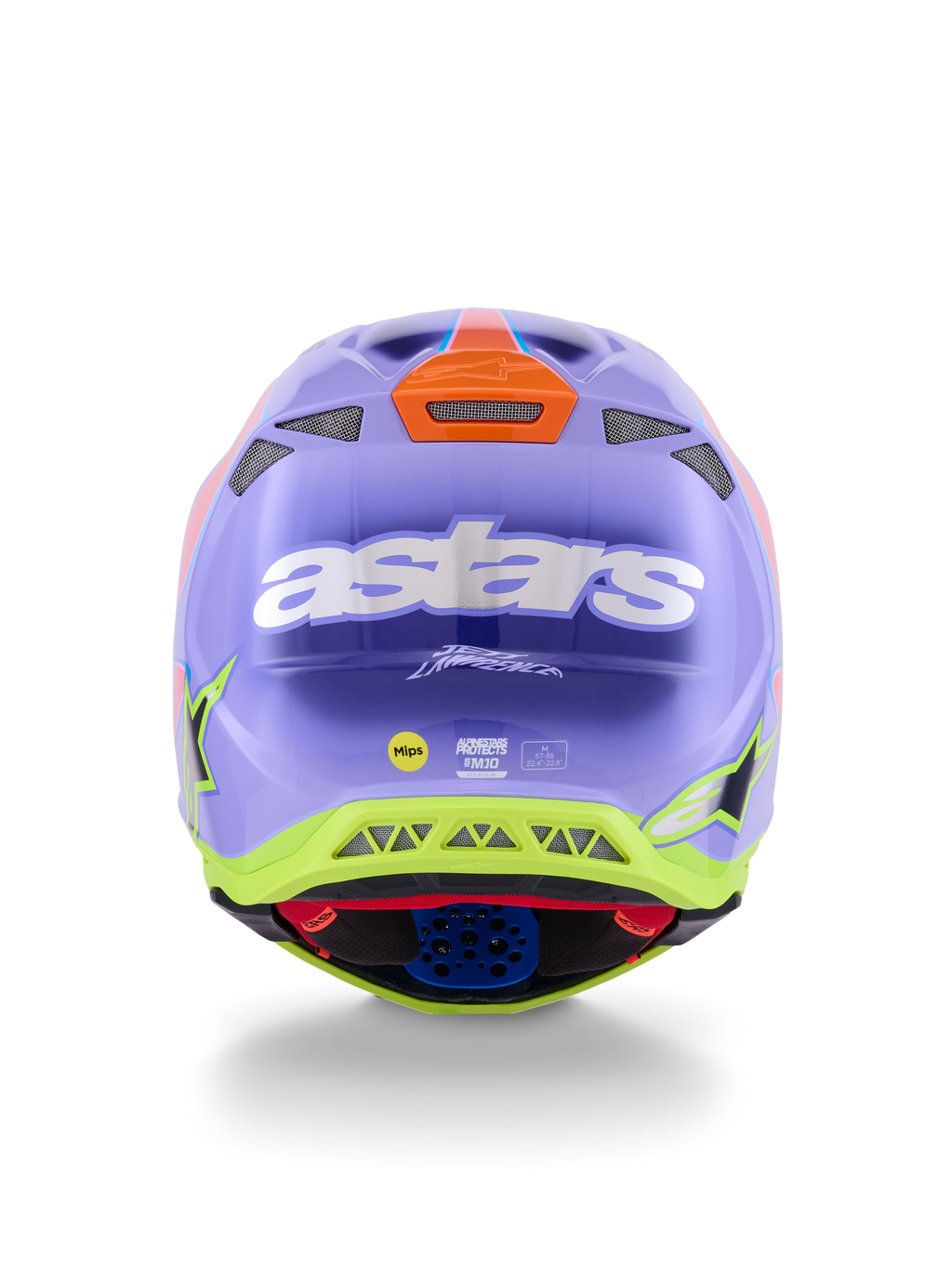 Alpinestars Supertech M10 Jett Lawrence R01 Helmet, Motocross Helmet, Purple Pink and Fluorescent Yellow, rear view featuring bold white astars logo, Jett Lawrence signature, and multiple ventilation ports, sleek aerodynamic design for off-road racing