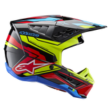Alpinestars S-M5 Action 2 Helmet ECE, Motocross Helmet, Black with Yellow Fluo, Bright Red and Light Blue graphics, glossy finish, side profile showing ventilation ports and aerodynamic visor with Astars branding