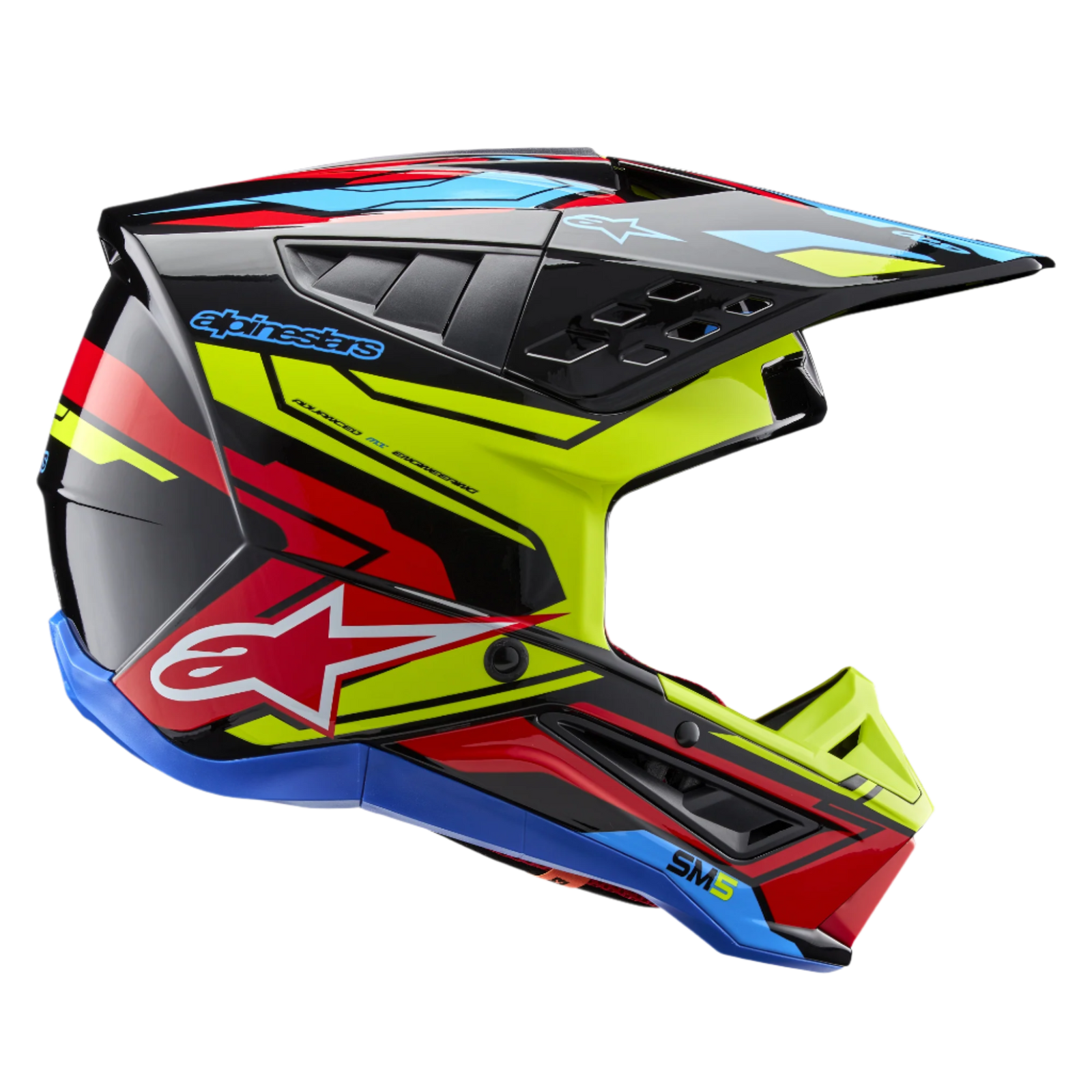 Alpinestars S-M5 Action 2 Helmet ECE, Motocross Helmet, Black with Yellow Fluo, Bright Red and Light Blue graphics, glossy finish, side profile showing ventilation ports and aerodynamic visor with Astars branding