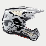 Alpinestars S-M5 Mineral Helmet, Motocross Helmet, Cool Gray and Dark Gray Glossy, featuring a Mineral graphic pattern with white and black accents, side profile view, sleek off-road protection design