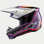 Alpinestars S-M5 Sail Helmet ECE, Motocross Helmet, Violet Black and Silver Glossy, side profile view featuring a silver peak, black side panel with 'SM5' text, and white Astar logo, aerodynamic shell with ventilation ports for off-road racing