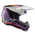 Alpinestars S-M5 Sail Helmet ECE, Motocross Helmet, Violet Black and Silver Glossy, featuring bold orange and red graphics, silver ventilated visor, aerodynamic shell with white star logo, professional off-road racing protection
