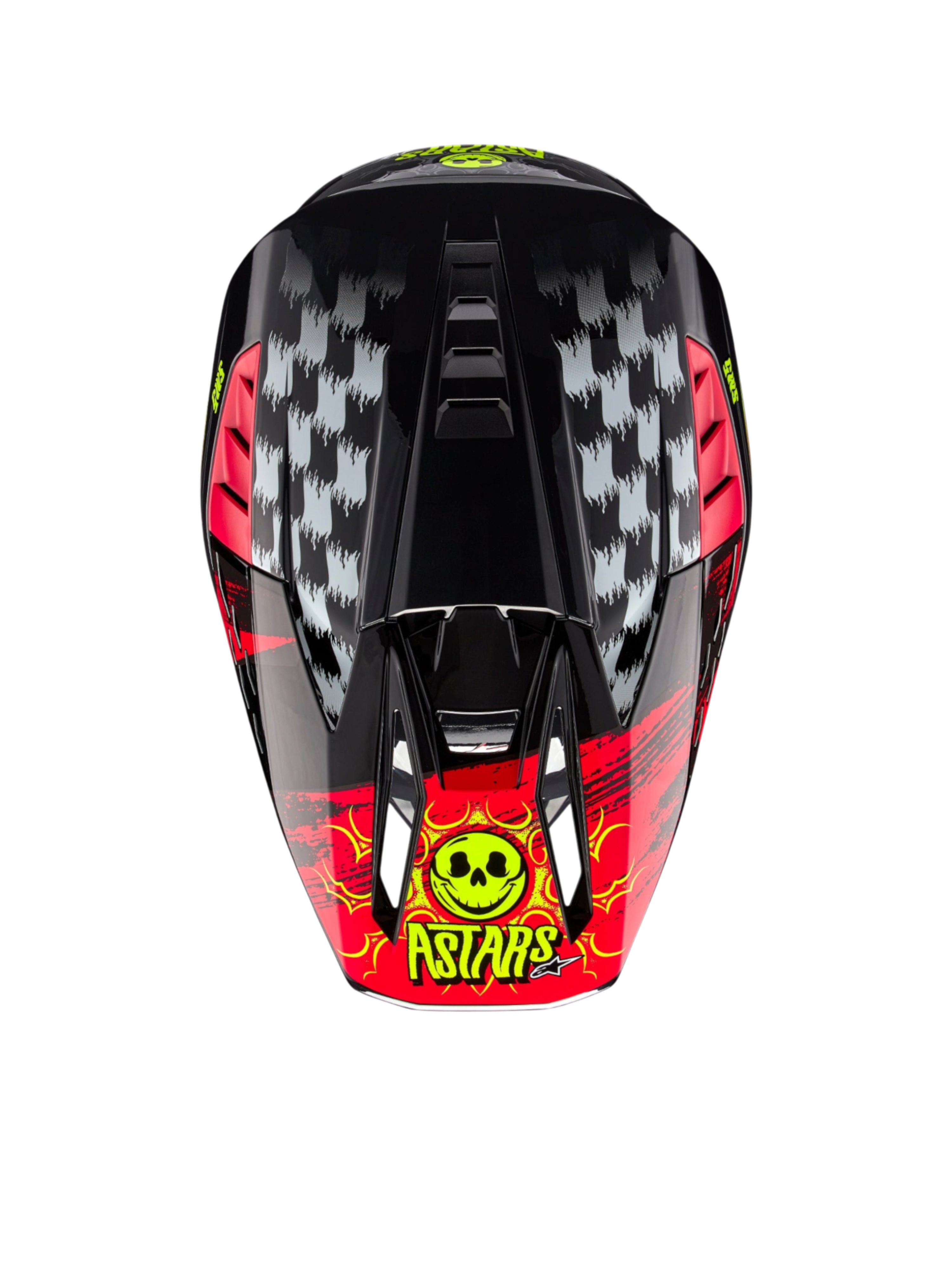 Alpinestars S-M5 Rash Helmet ECE 22.06, Motocross Helmet in Dark Gray and Bright Red, top view with skull graphic.