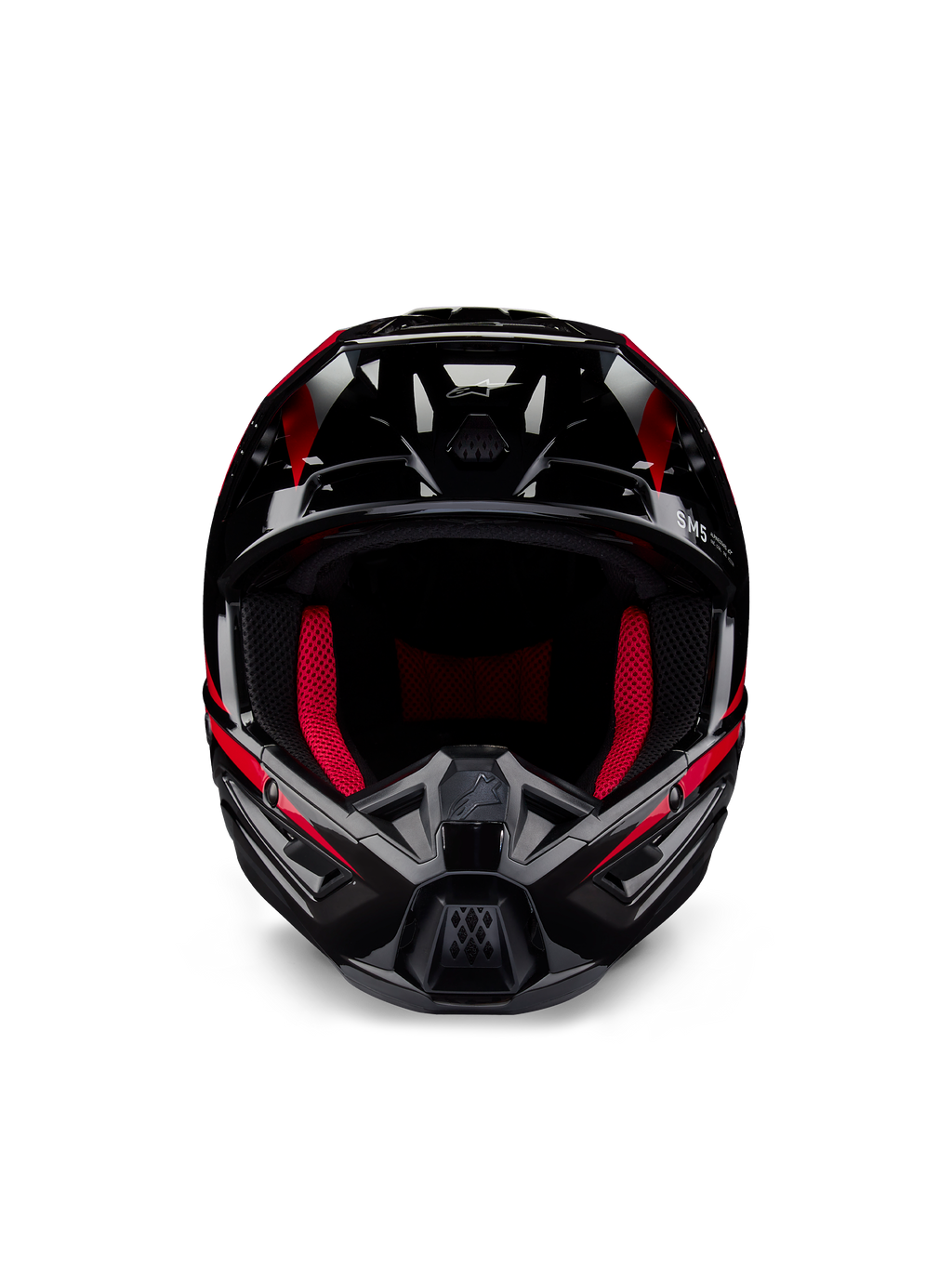 Alpinestars Honda S-M5 Helmet ECE, Motocross Helmet, Black Red Glossy, front-facing view featuring a glossy black finish with red graphics, vibrant red internal padding, angular design with multi-air inlets, high-performance protection for motocross