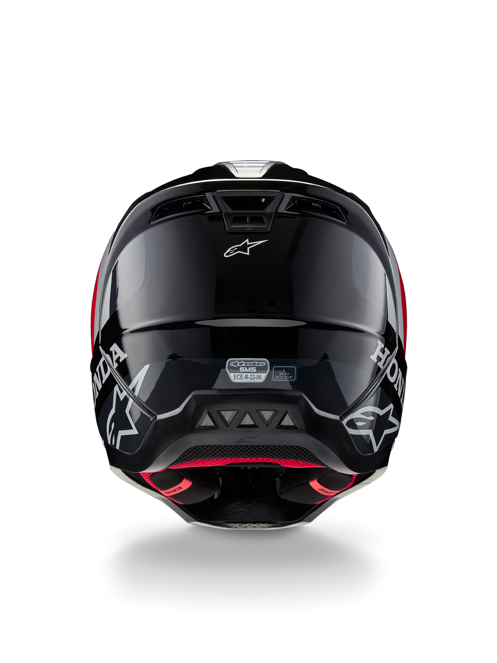Alpinestars Honda S-M5 Helmet ECE, Motocross Helmet, Black Red Glossy, rear view showing glossy black shell with white Honda and Alpinestars logos, red inner lining, and ECE safety certification label