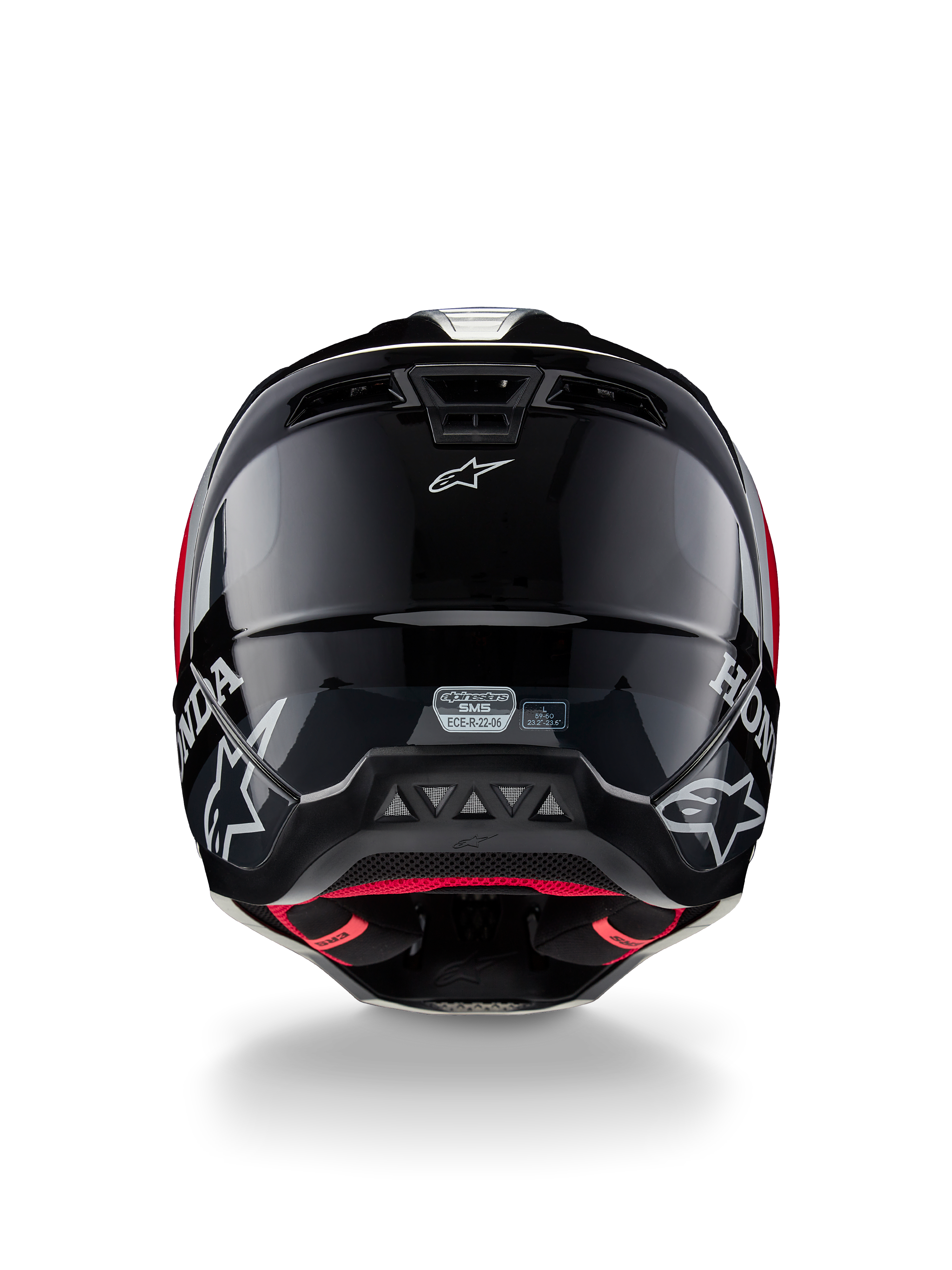 Alpinestars Honda S-M5 Helmet ECE, Motocross Helmet, Black Red Glossy, rear view showing glossy black shell with white Honda and Alpinestars logos, red inner lining, and ECE safety certification label