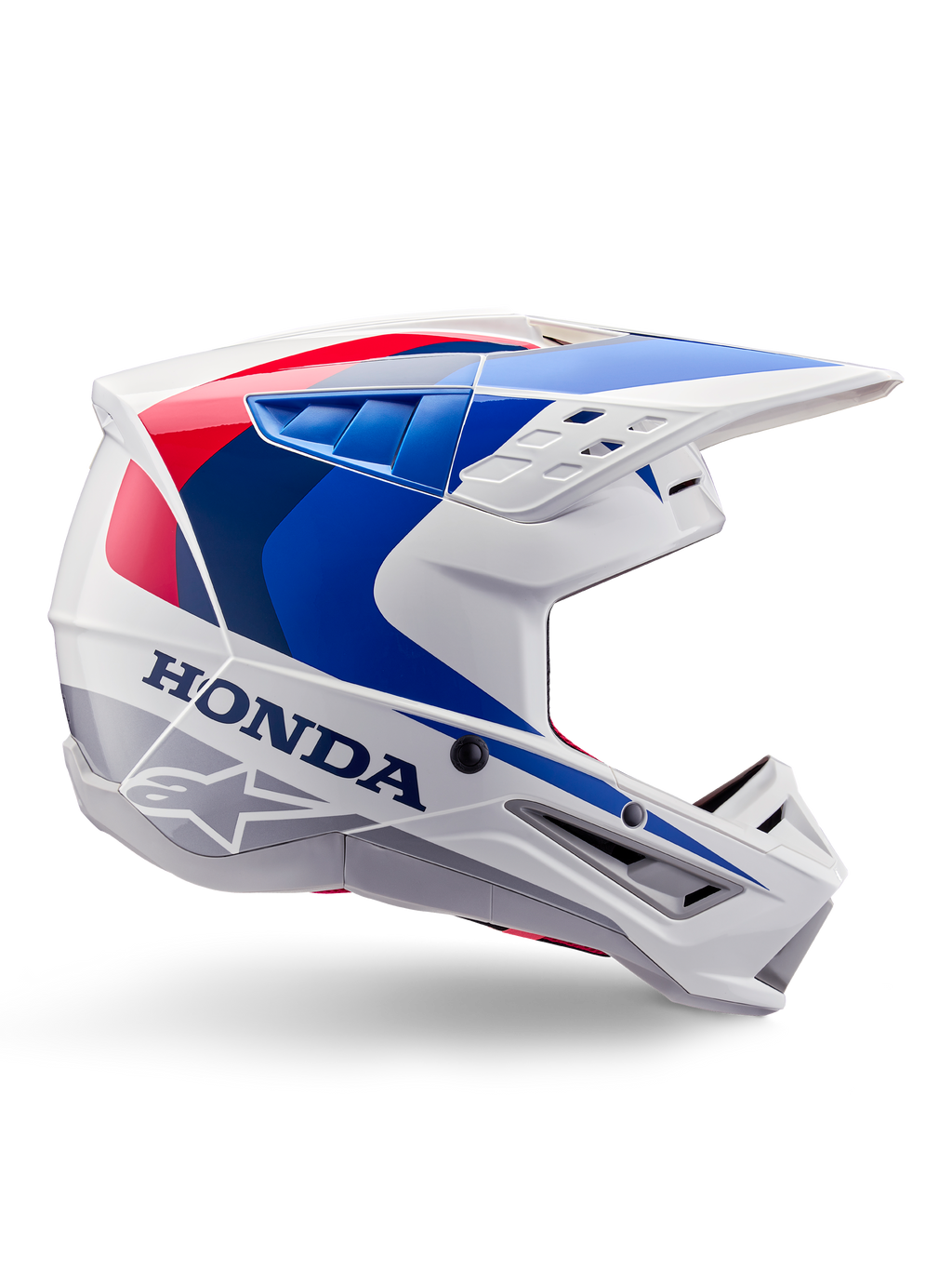Alpinestars Honda S-M5 Helmet ECE, Motocross Helmet, White Blue and Red, side profile view, aerodynamic design with integrated visor, multiple ventilation openings, glossy finish, bold Honda branding and Alpinestars logo